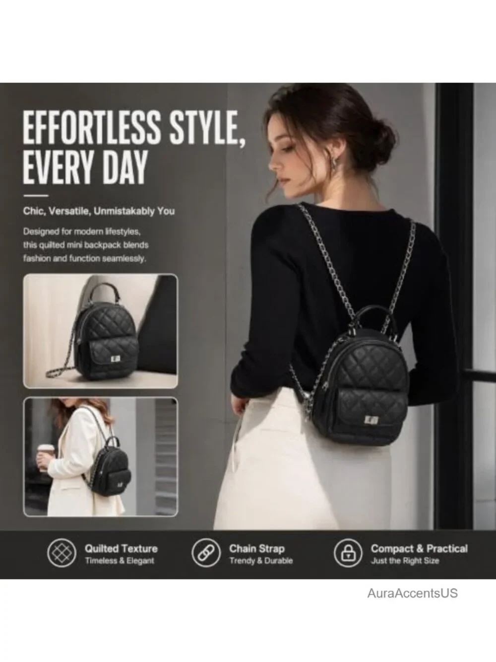 Quilted Mini Backpack Purse, Chain Strap Vegan Leather, 3 Ways to Wear